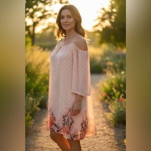 Lily Rose Peach Patterned Cold shoulder Floral flowy Cottagecore dress small